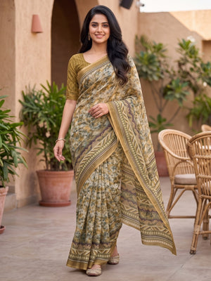 Peachmode Mustard Digital Printed Linen Saree - Image 2
