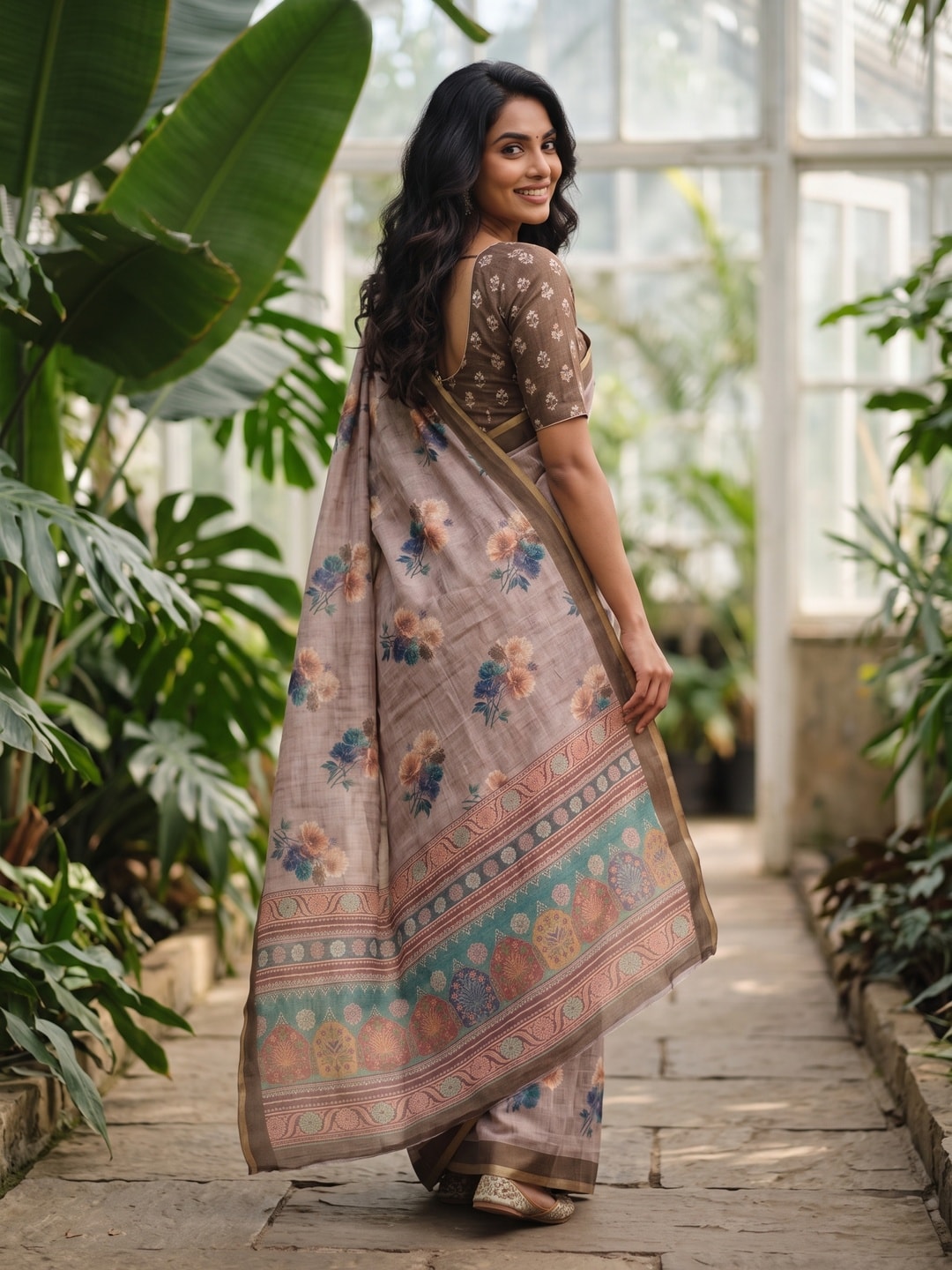 Peachmode Taupe Digital Printed Linen Saree - Image 3