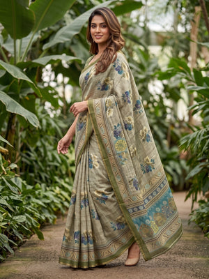 Peachmode Sage Digital Printed Linen Saree - Image 2