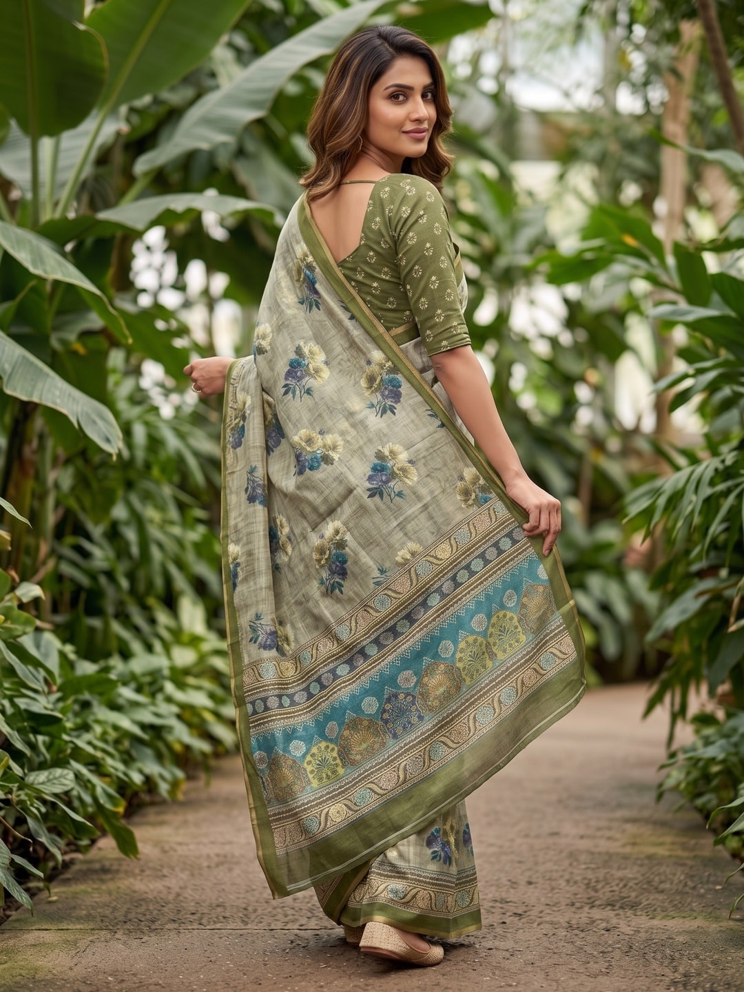 Peachmode Sage Digital Printed Linen Saree - Image 3