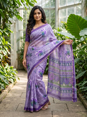 Peachmode Lavender Digital Printed Linen Saree - Image 1