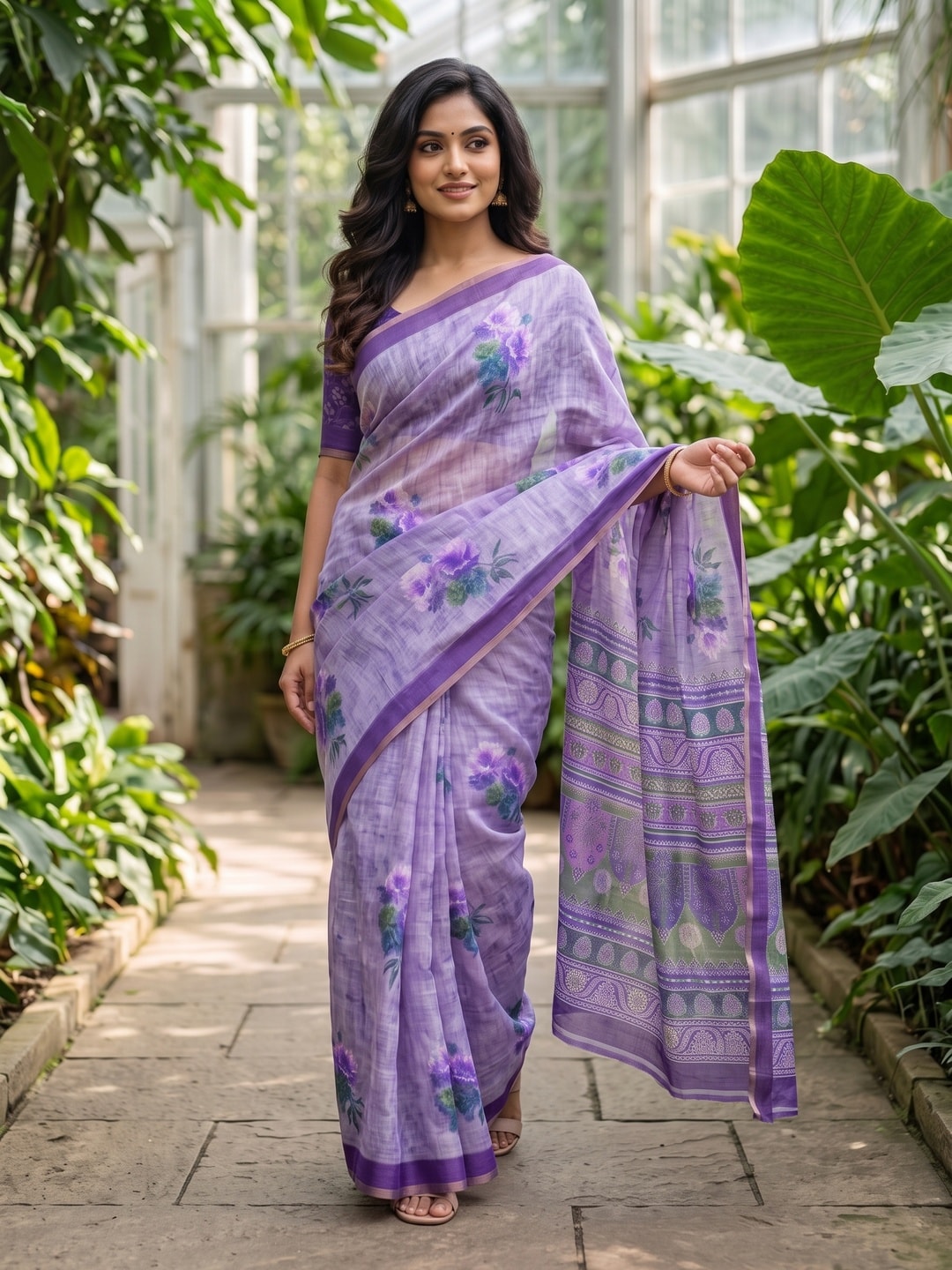 Peachmode Lavender Digital Printed Linen Saree - Image 2