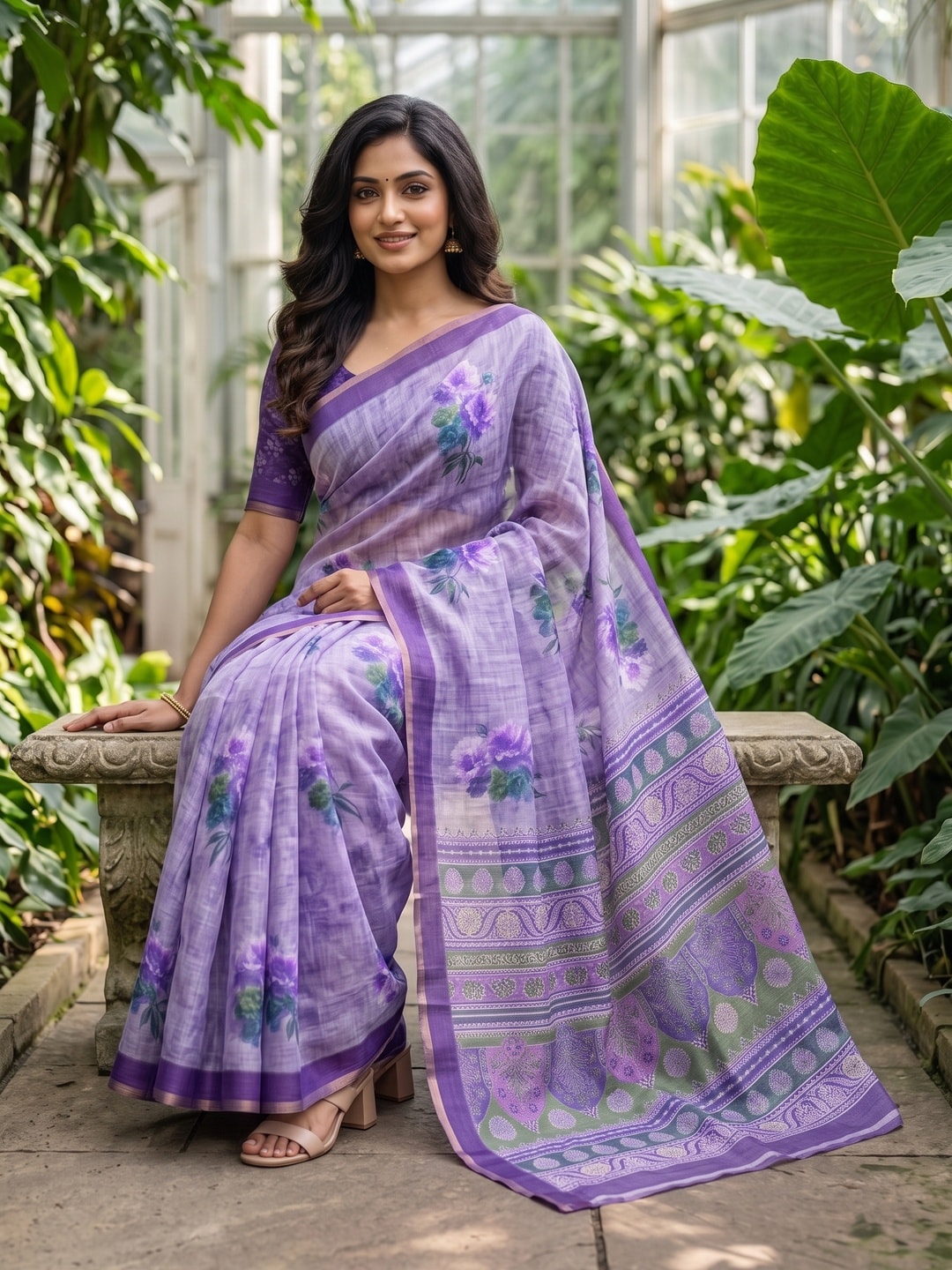 Peachmode Lavender Digital Printed Linen Saree - Image 4