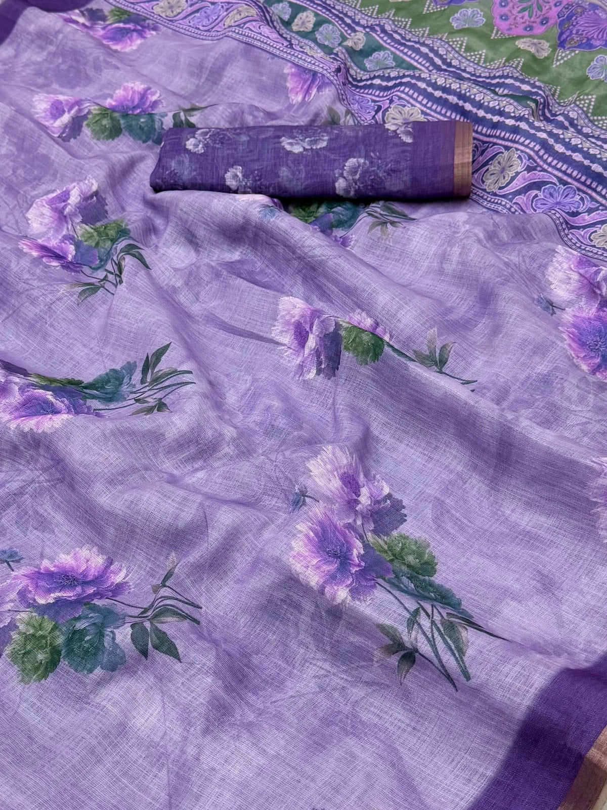Peachmode Lavender Digital Printed Linen Saree - Image 5