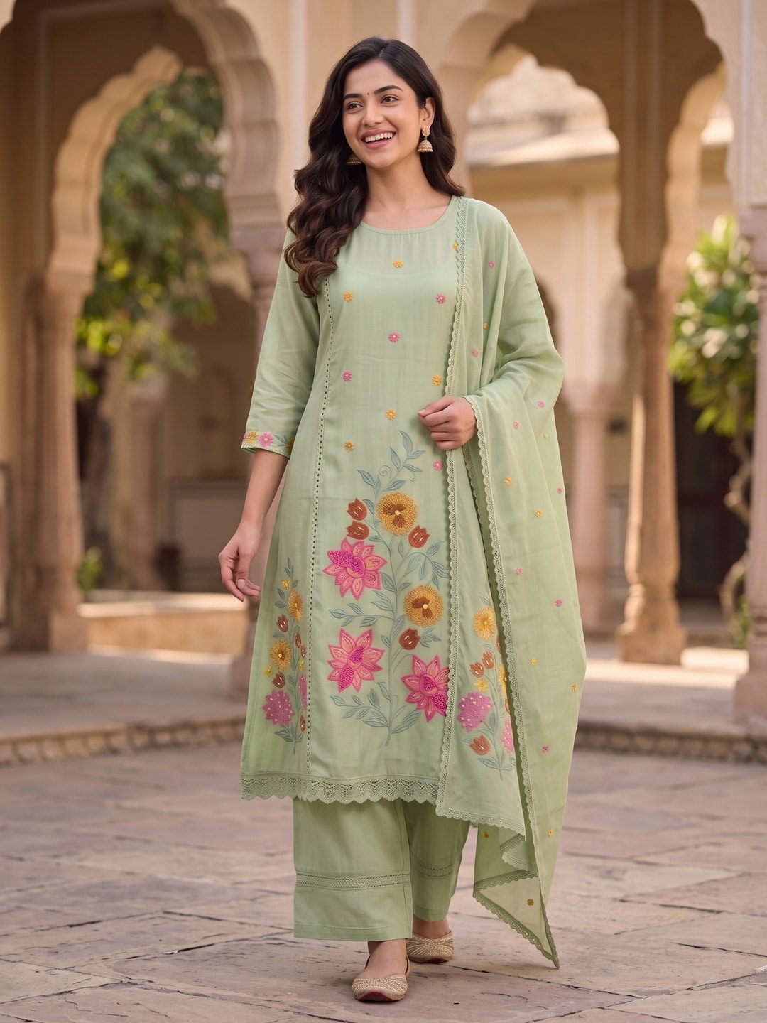 Peachmode Pista Green Mul Chanderi Floral Embroidered Salwar Suit Set - Image 2