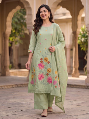 Peachmode Pista Green Mul Chanderi Floral Embroidered Salwar Suit Set - Image 2