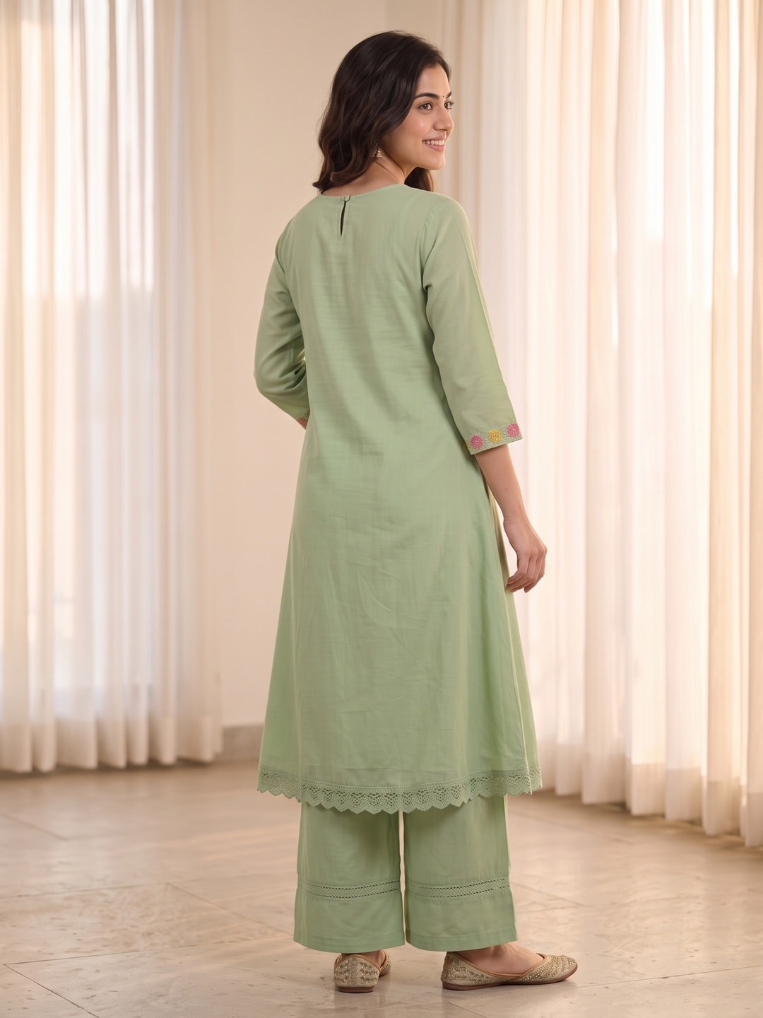 Peachmode Pista Green Mul Chanderi Floral Embroidered Salwar Suit Set - Image 3