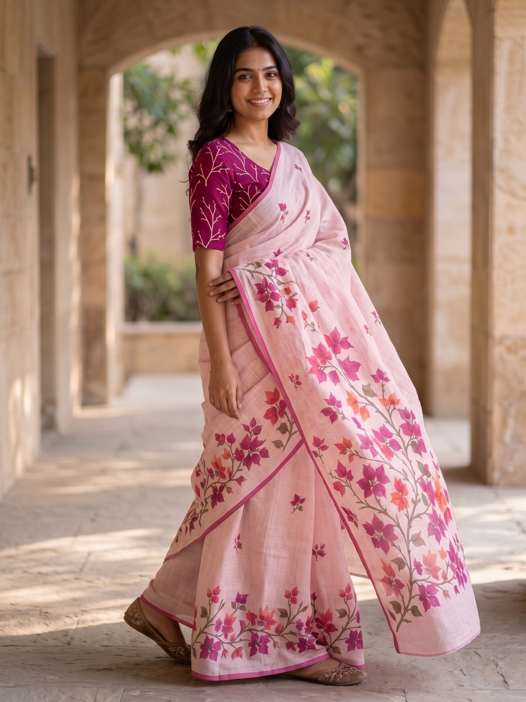 Peachmode Pink Bougainvillea Printed Linen Saree - Image 3
