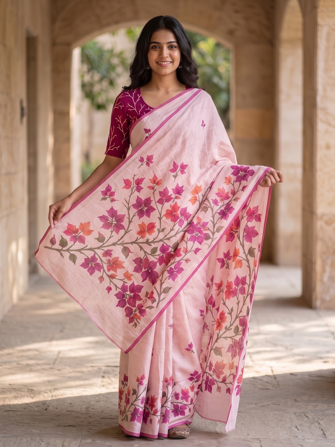 Peachmode Pink Bougainvillea Printed Linen Saree - Image 4