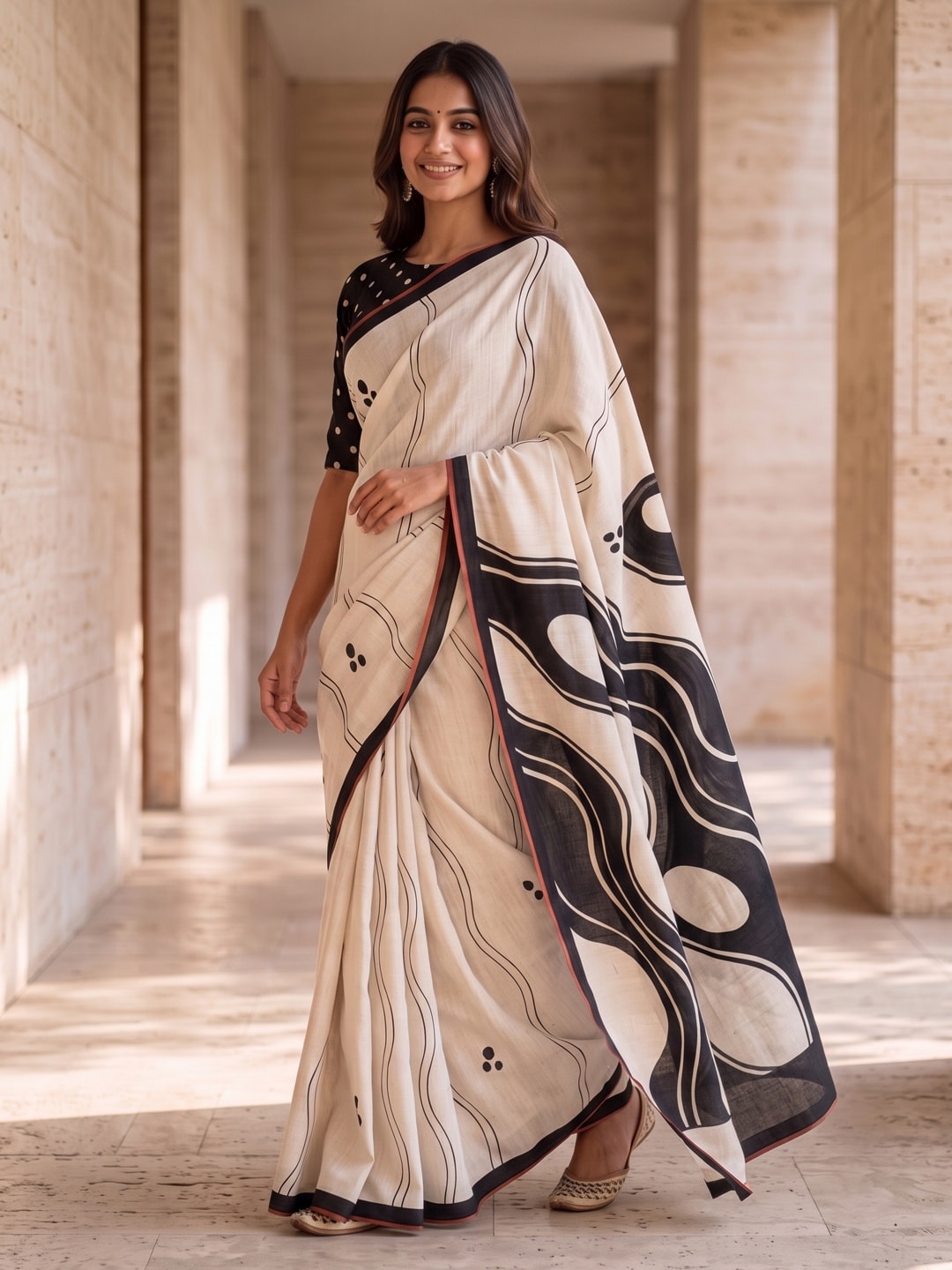 Peachmode Offwhite Wave Printed Linen Saree - Image 3