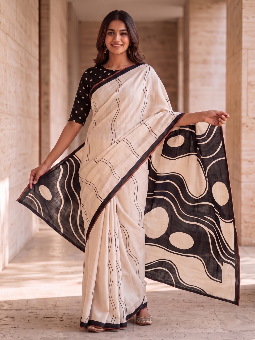 Peachmode Offwhite Wave Printed Linen Saree - Image 4