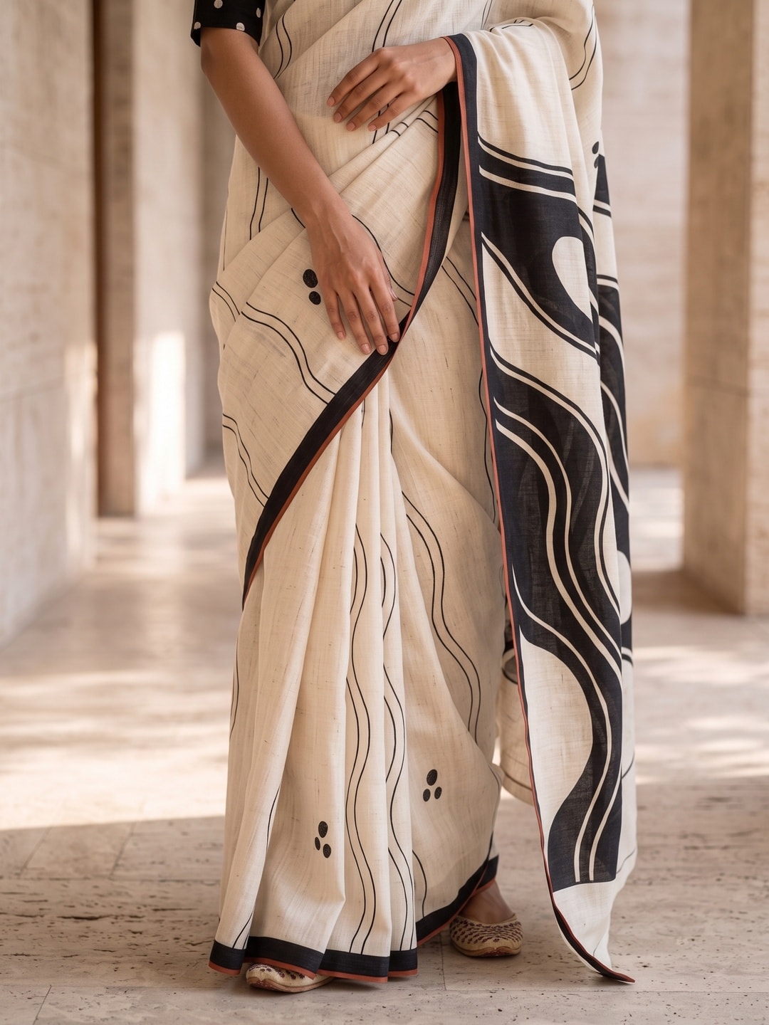 Peachmode Offwhite Wave Printed Linen Saree - Image 5