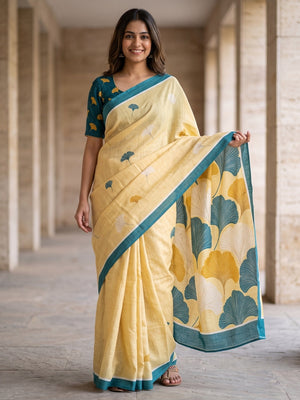 Peachmode Yellow Ginkgo Leaf Printed Linen Saree - Image 1
