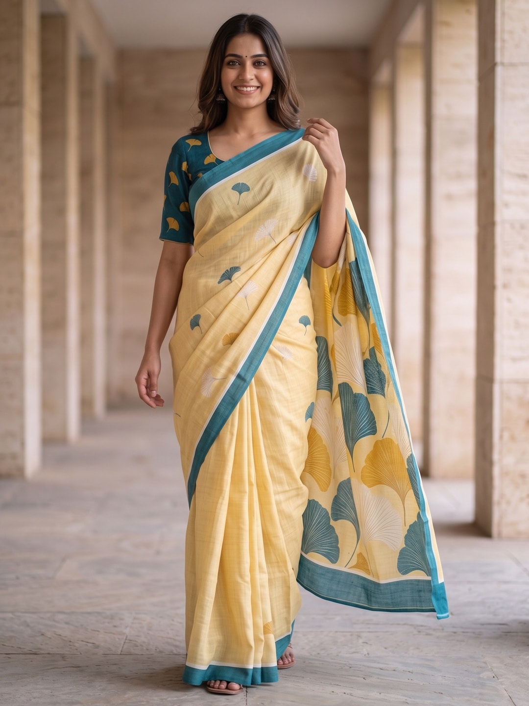 Peachmode Yellow Ginkgo Leaf Printed Linen Saree - Image 3