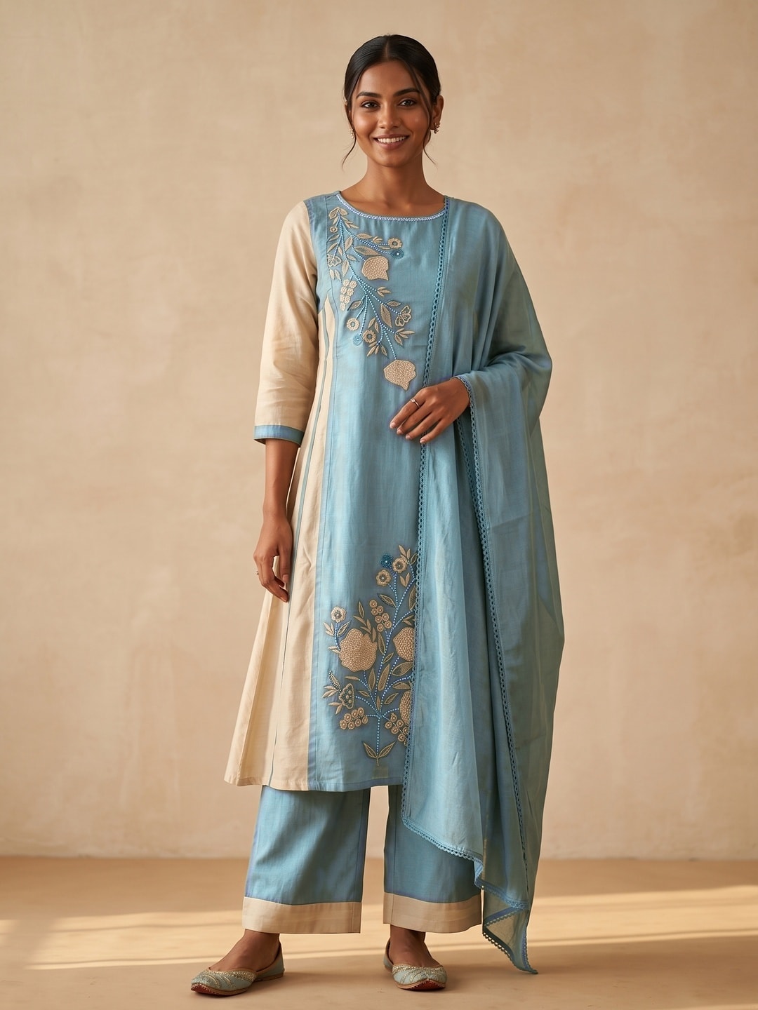 Peachmode Teal Mul Chanderi Floral Embroidered Panelled Salwar Suit Set - Image 1