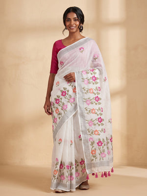 Peachmode White Floral Embroidered Linen Saree - Image 1