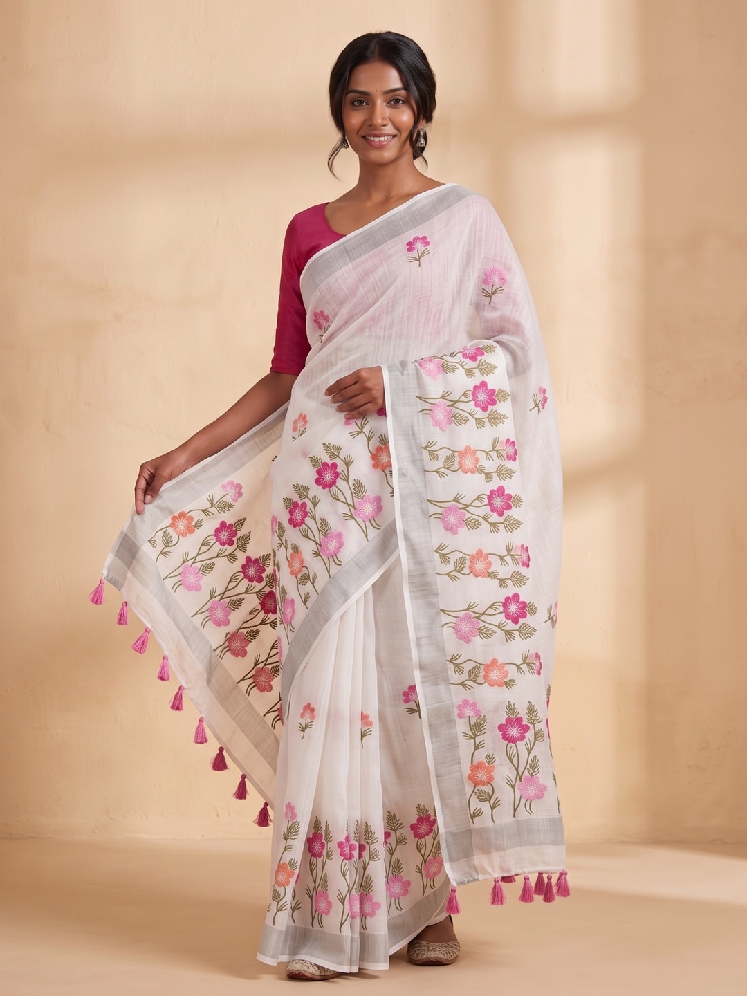 Peachmode White Floral Embroidered Linen Saree - Image 4