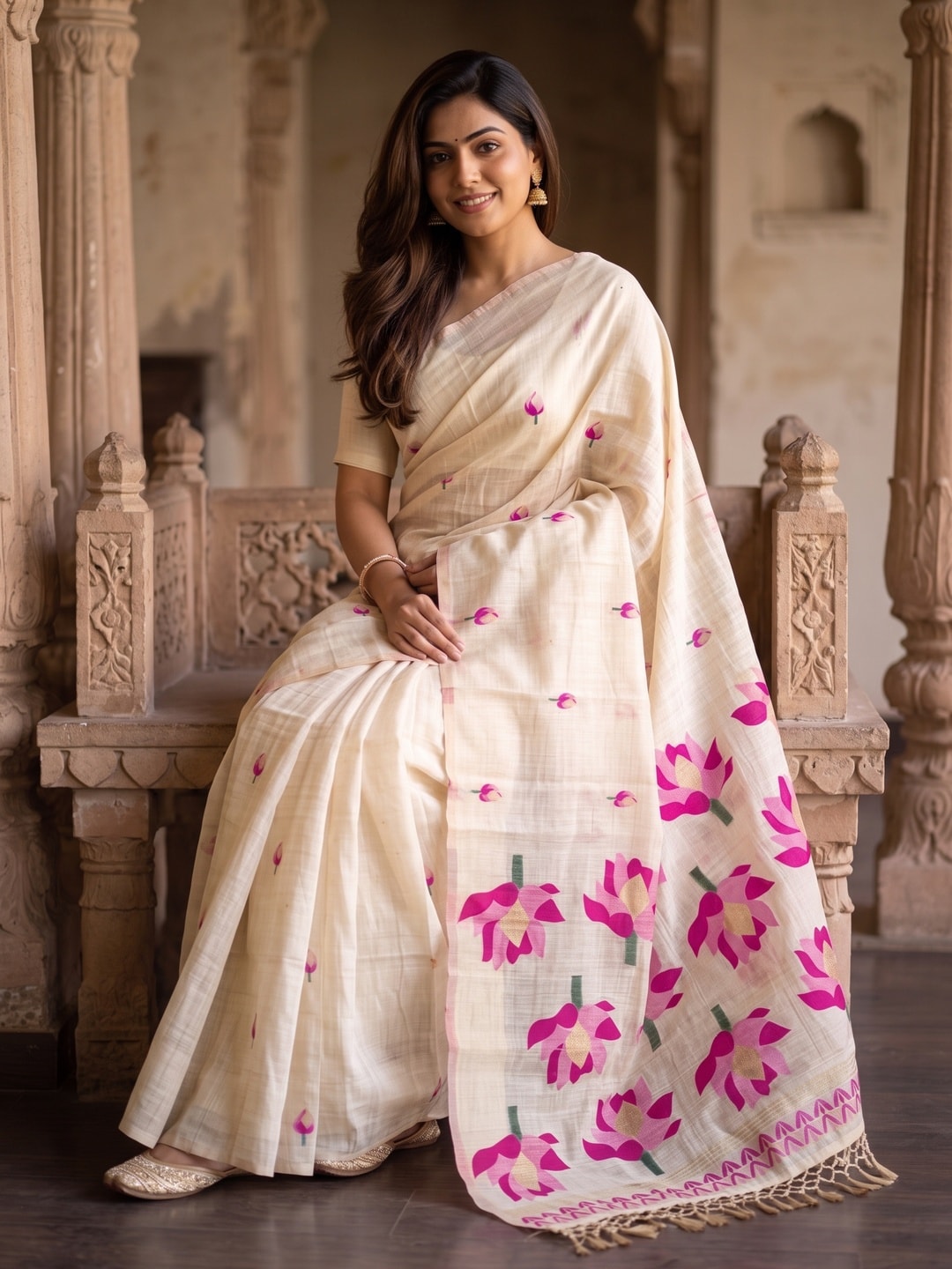 Peachmode Off White Pink Lotus Woven Cotton Blend Jamdani Saree - Image 4