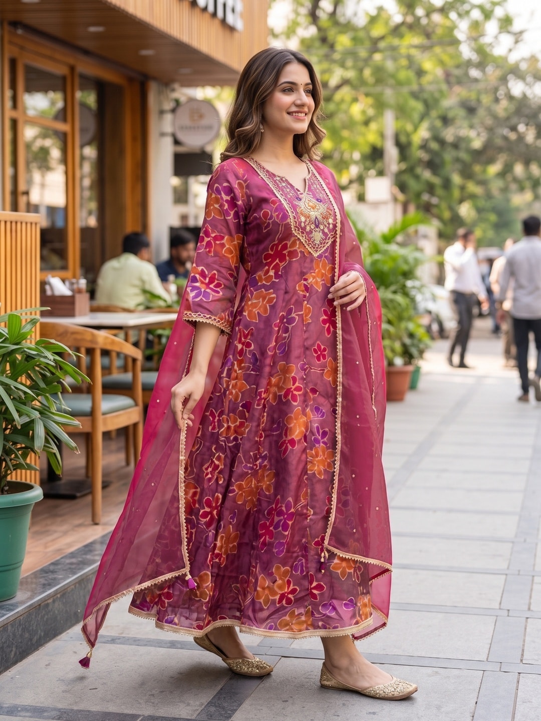 Gorgeous Dark Mauve Floral Printed Viscose Organza Anarkali Suit for Festive and Party Occasions - Image 3