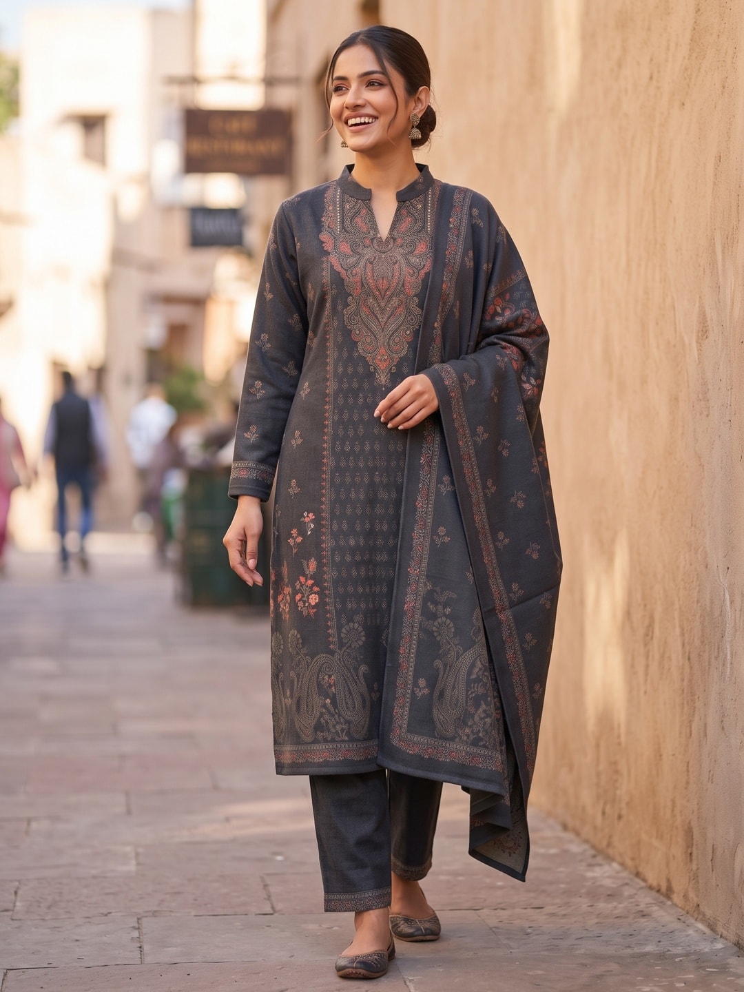 Peachmode Charcoal Black Printed Woolen Salwar Suit With Stole - Image 2
