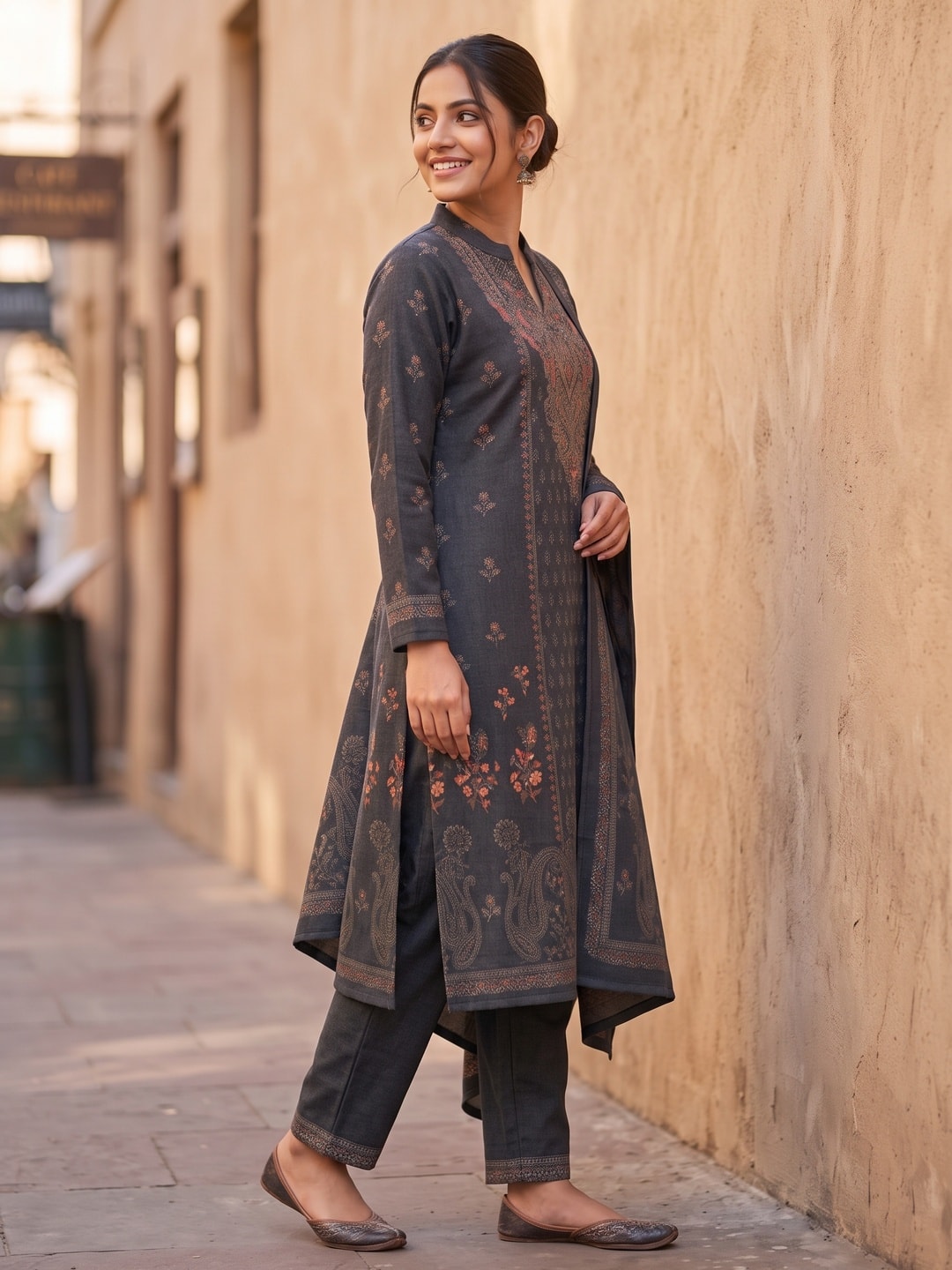 Peachmode Charcoal Black Printed Woolen Salwar Suit With Stole - Image 3