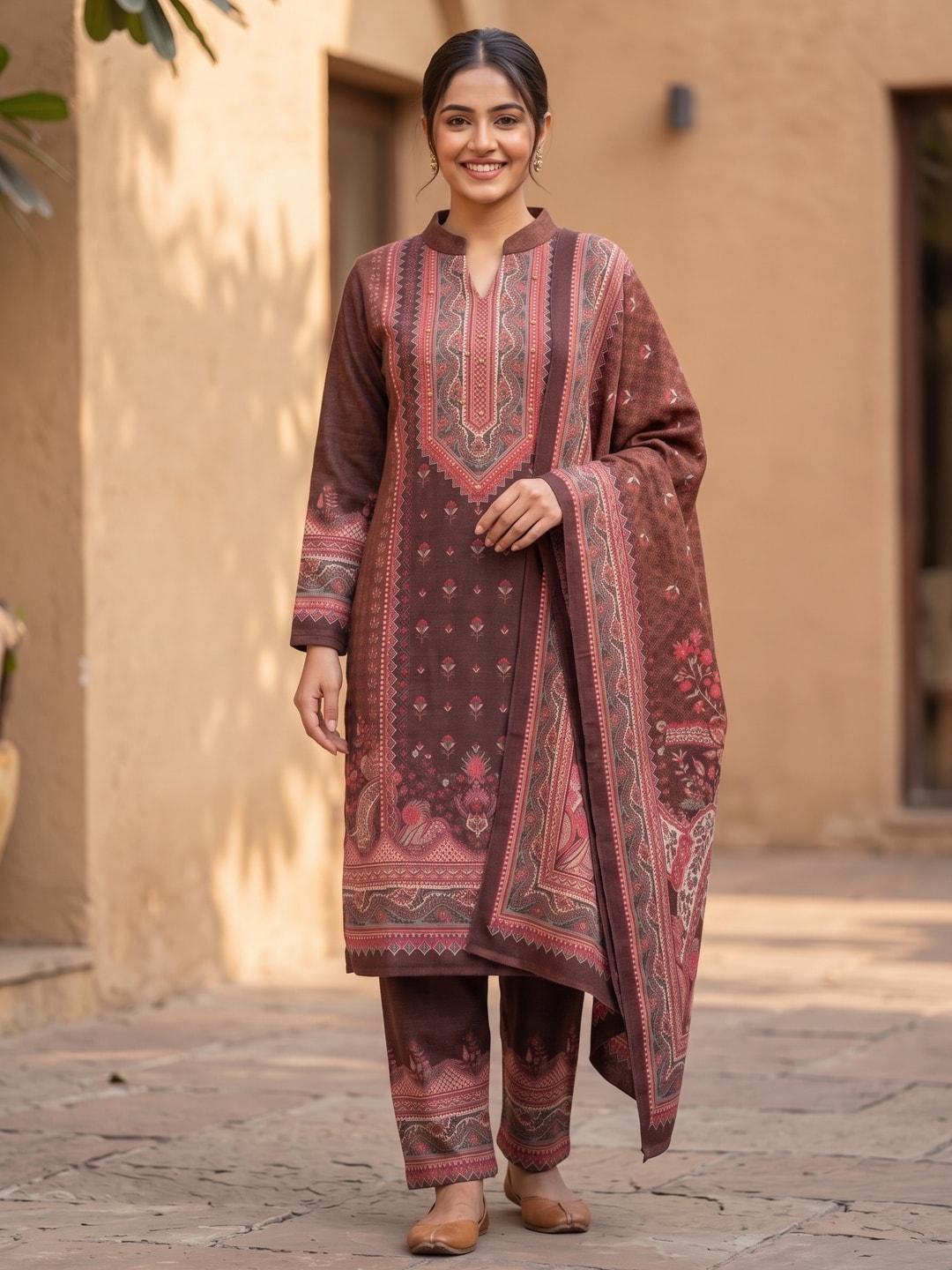 Peachmode Maroon Printed Woolen Salwar Suit With Stole - Image 1