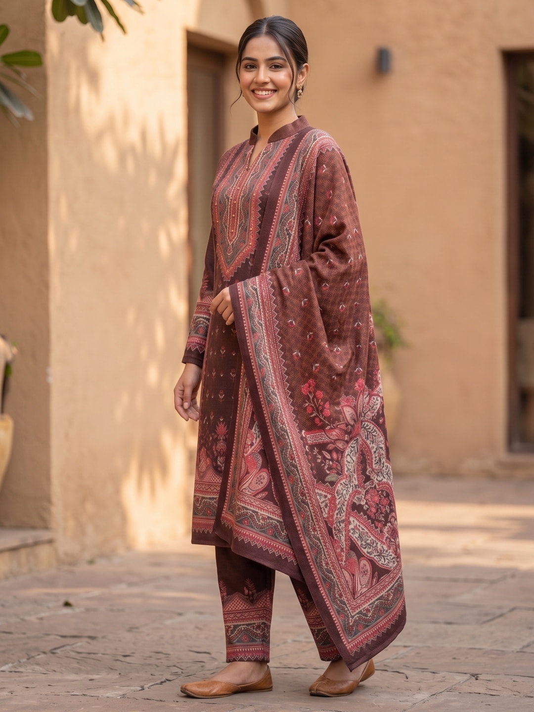Peachmode Maroon Printed Woolen Salwar Suit With Stole - Image 3