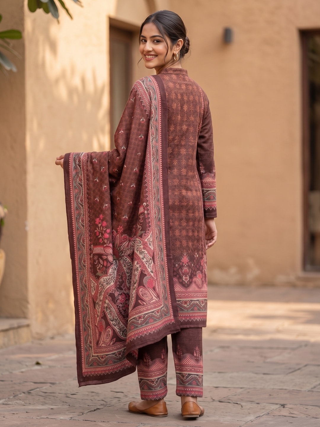 Peachmode Maroon Printed Woolen Salwar Suit With Stole - Image 4