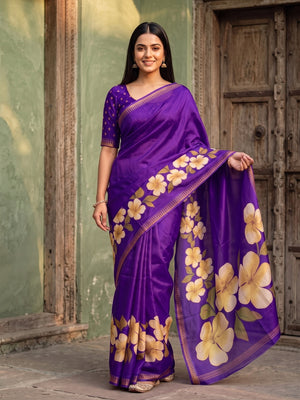 Peachmode Purple Marshmallow Saree With 3D Floral Print And Woven Jacquard Border - Image 1