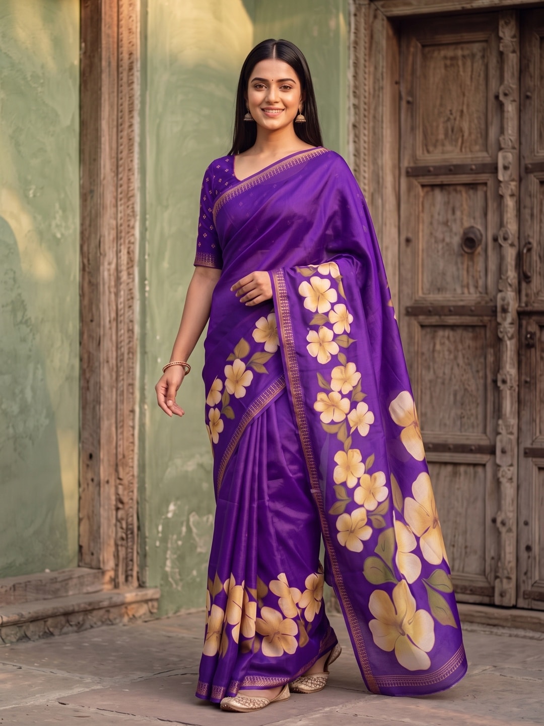 Peachmode Purple Marshmallow Saree With 3D Floral Print And Woven Jacquard Border - Image 3