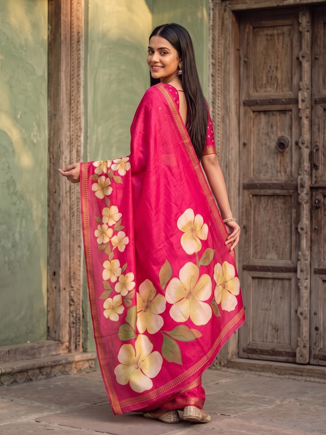 Peachmode Pink Marshmallow Saree With 3D Floral Print And Woven Jacquard Border - Image 2