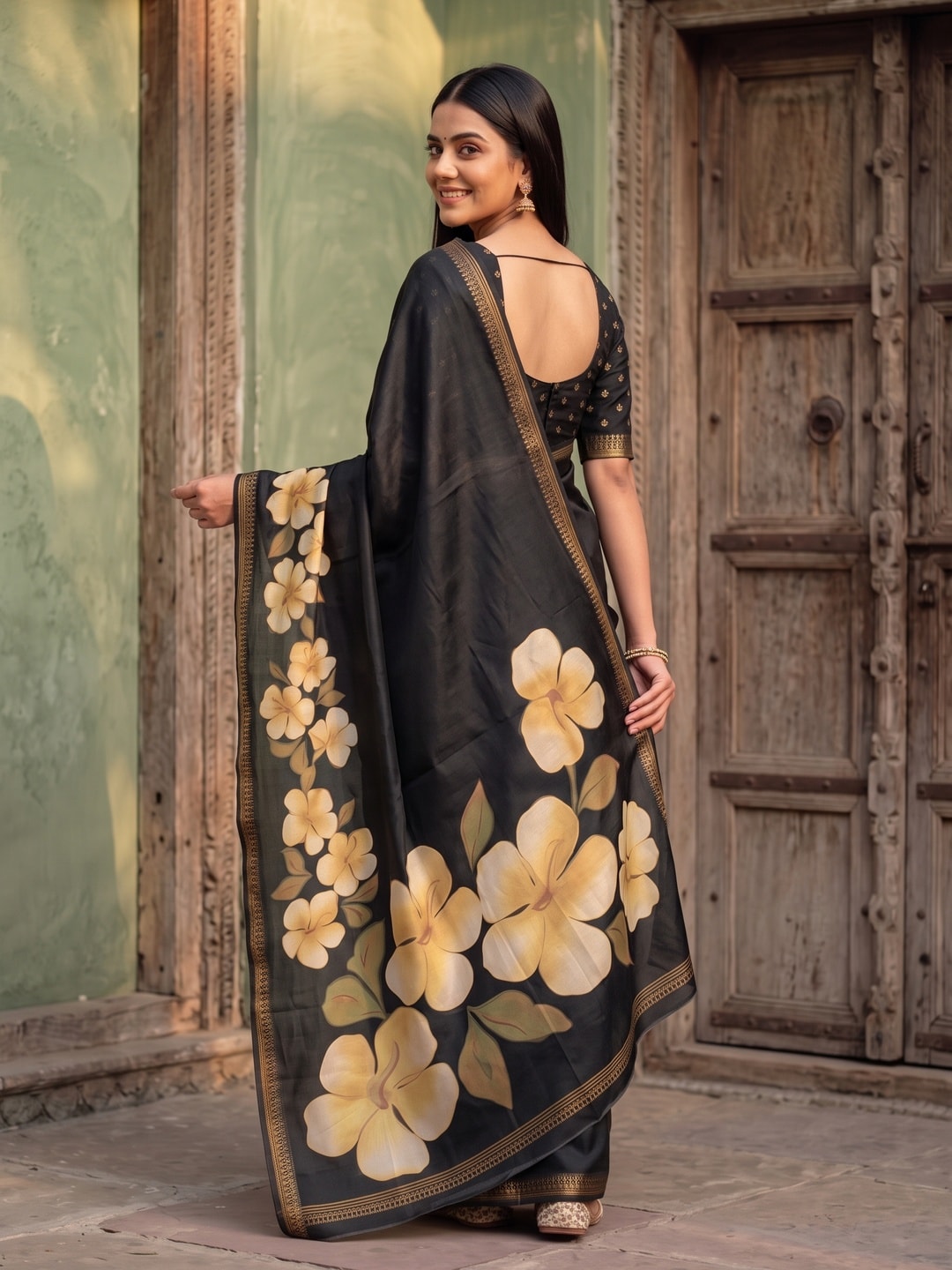 Peachmode Black Marshmallow Saree With 3D Floral Print And Woven Jacquard Border - Image 2