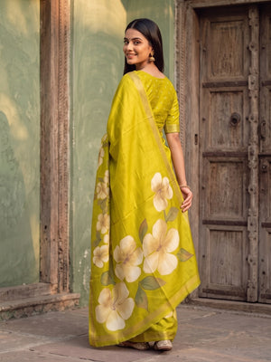 Peachmode Lime Green Marshmallow Saree With 3D Floral Print And Woven Jacquard Border - Image 2