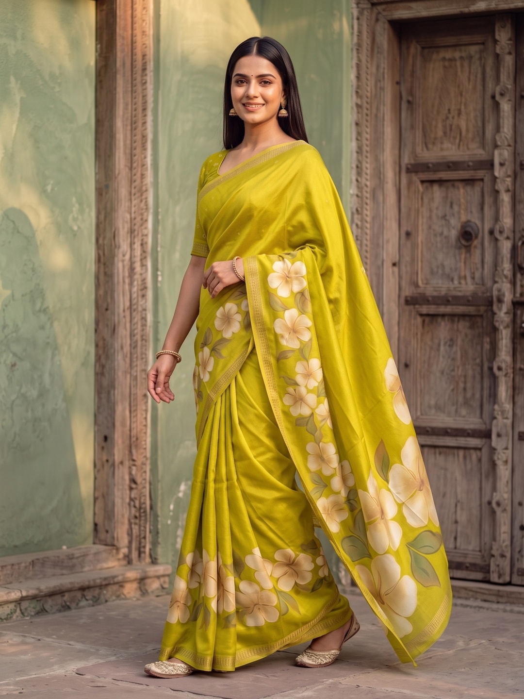 Peachmode Lime Green Marshmallow Saree With 3D Floral Print And Woven Jacquard Border - Image 3