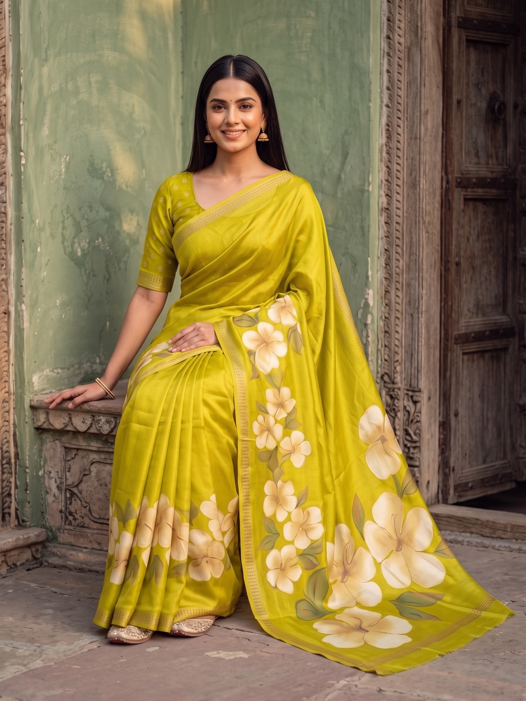 Peachmode Lime Green Marshmallow Saree With 3D Floral Print And Woven Jacquard Border - Image 4