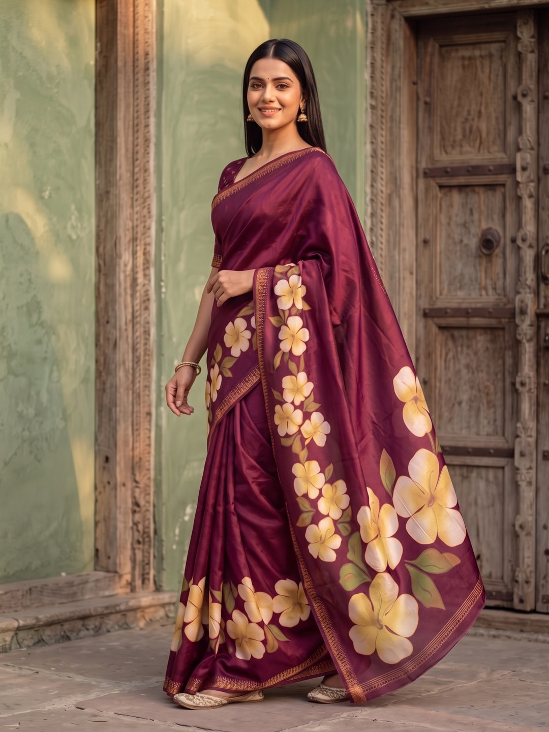 Peachmode Wine Marshmallow Saree With 3D Floral Print And Woven Jacquard Border - Image 3