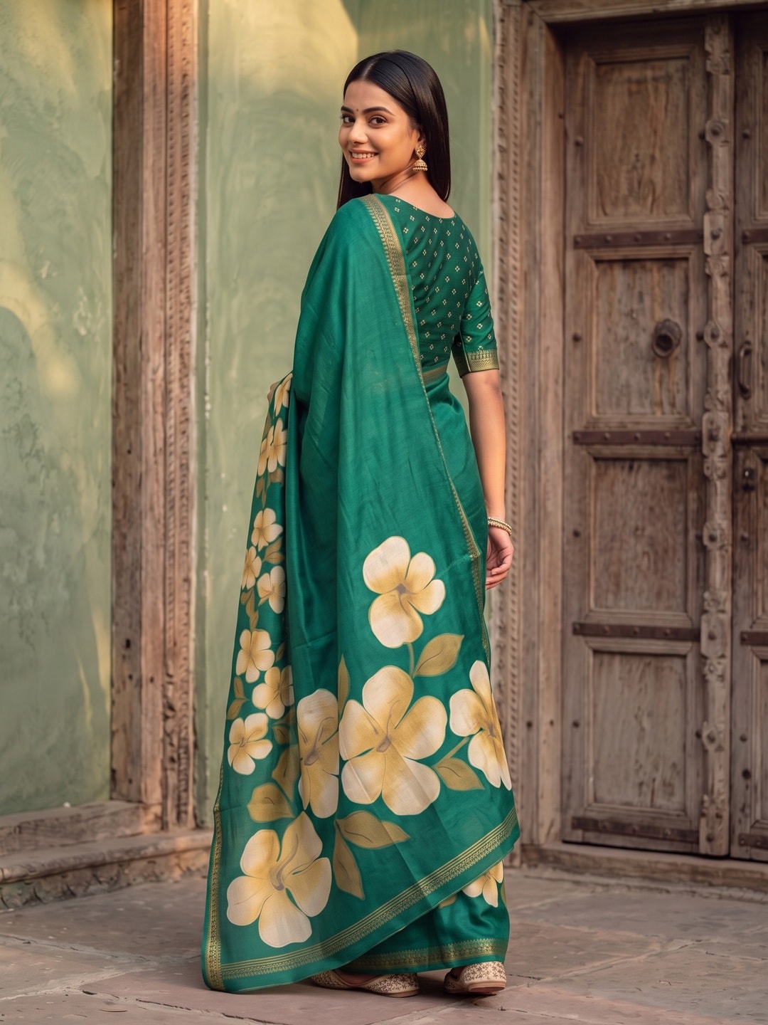 Peachmode Green Marshmallow Saree With 3D Floral Print And Woven Jacquard Border - Image 2