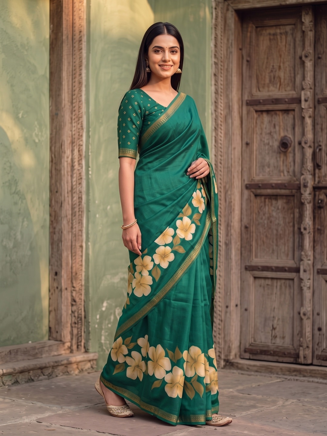 Peachmode Green Marshmallow Saree With 3D Floral Print And Woven Jacquard Border - Image 3