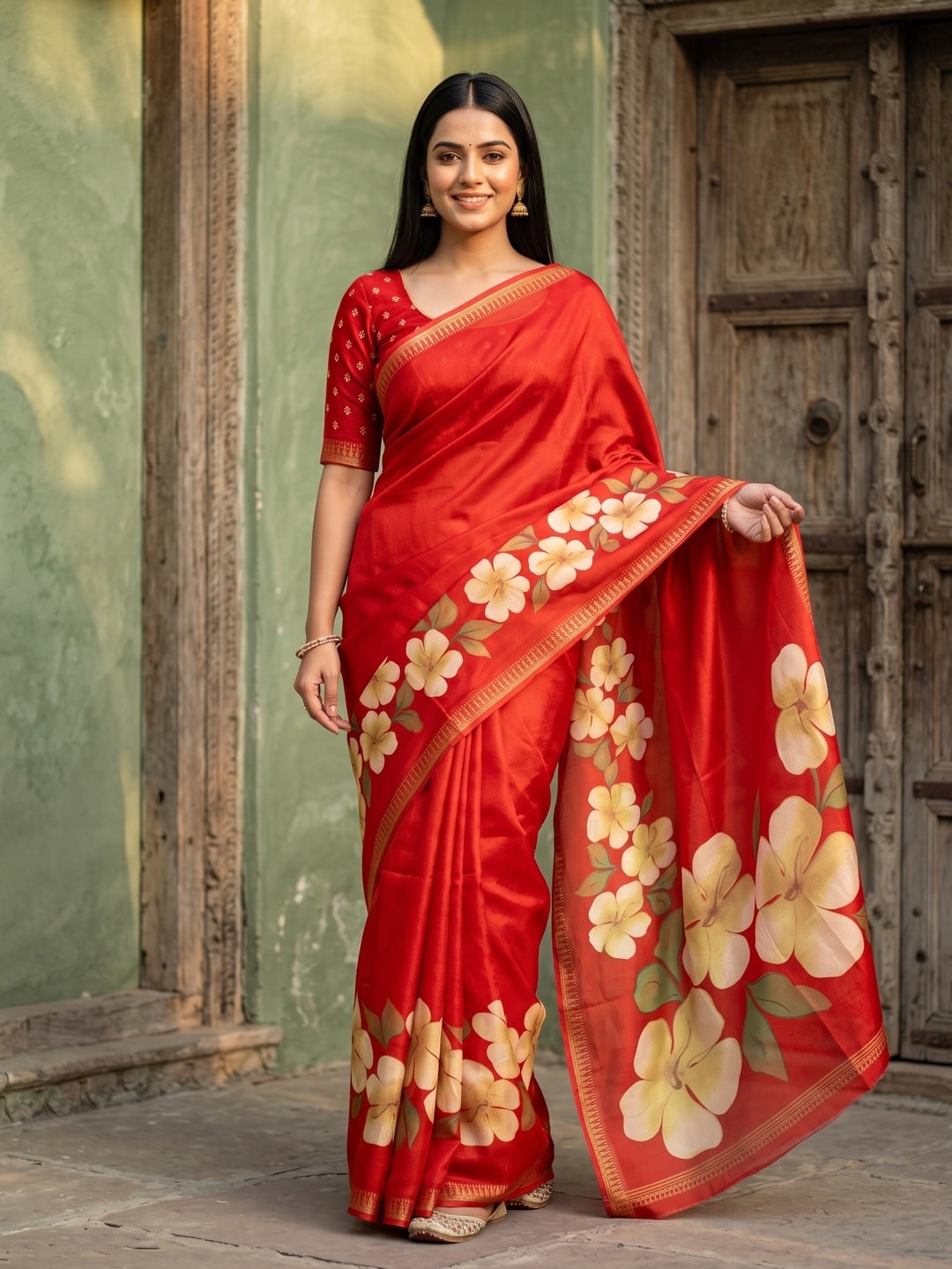 Peachmode Red Marshmallow Saree With 3D Floral Print And Woven Jacquard Border - Image 1