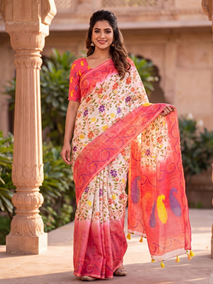 Peachmode Pink Digital Kalamkari Print Linen Cotton Saree With Tassels - Image 1