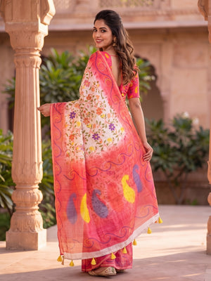 Peachmode Pink Digital Kalamkari Print Linen Cotton Saree With Tassels - Image 2