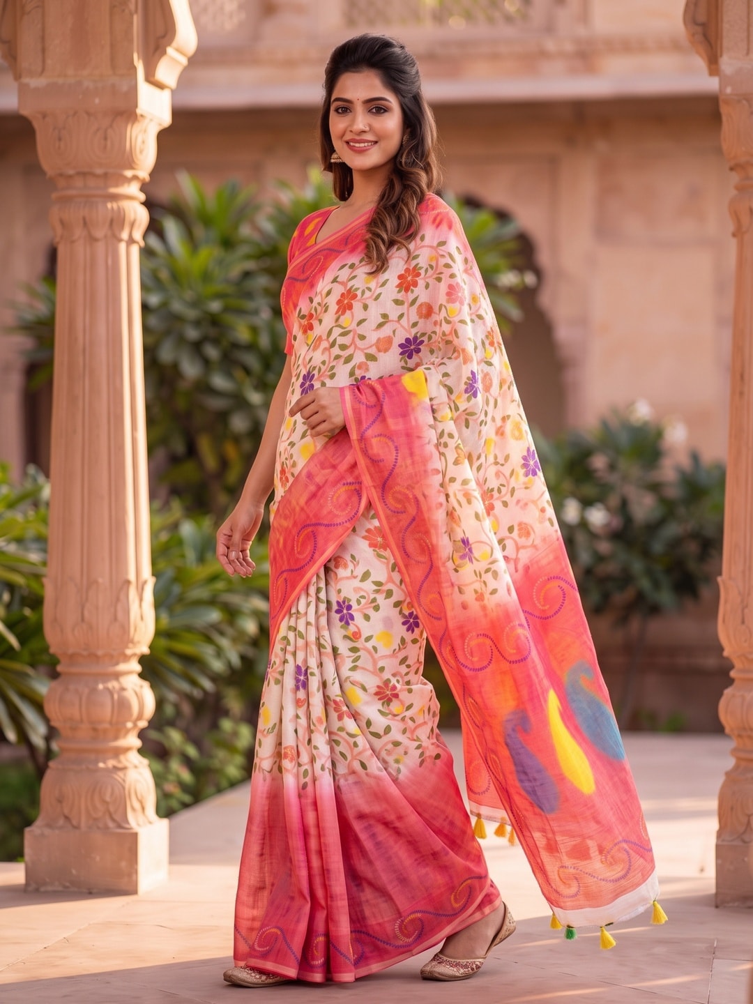 Peachmode Pink Digital Kalamkari Print Linen Cotton Saree With Tassels - Image 3