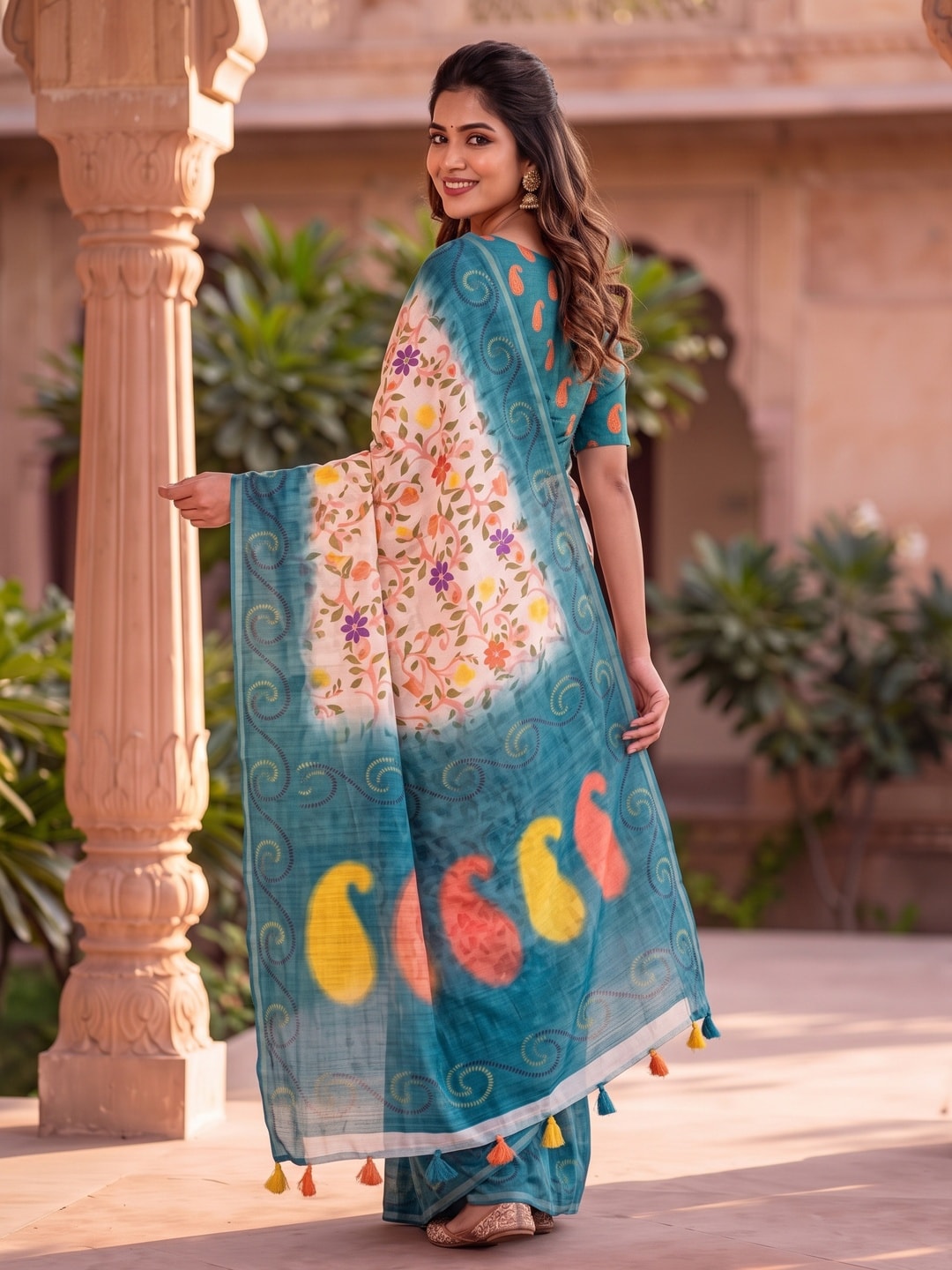 Peachmode Teal Blue Digital Kalamkari Print Linen Cotton Saree With Tassels - Image 2