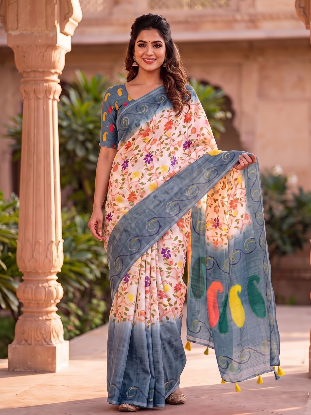 Peachmode Grey Digital Kalamkari Print Linen Cotton Saree With Tassels - Image 1