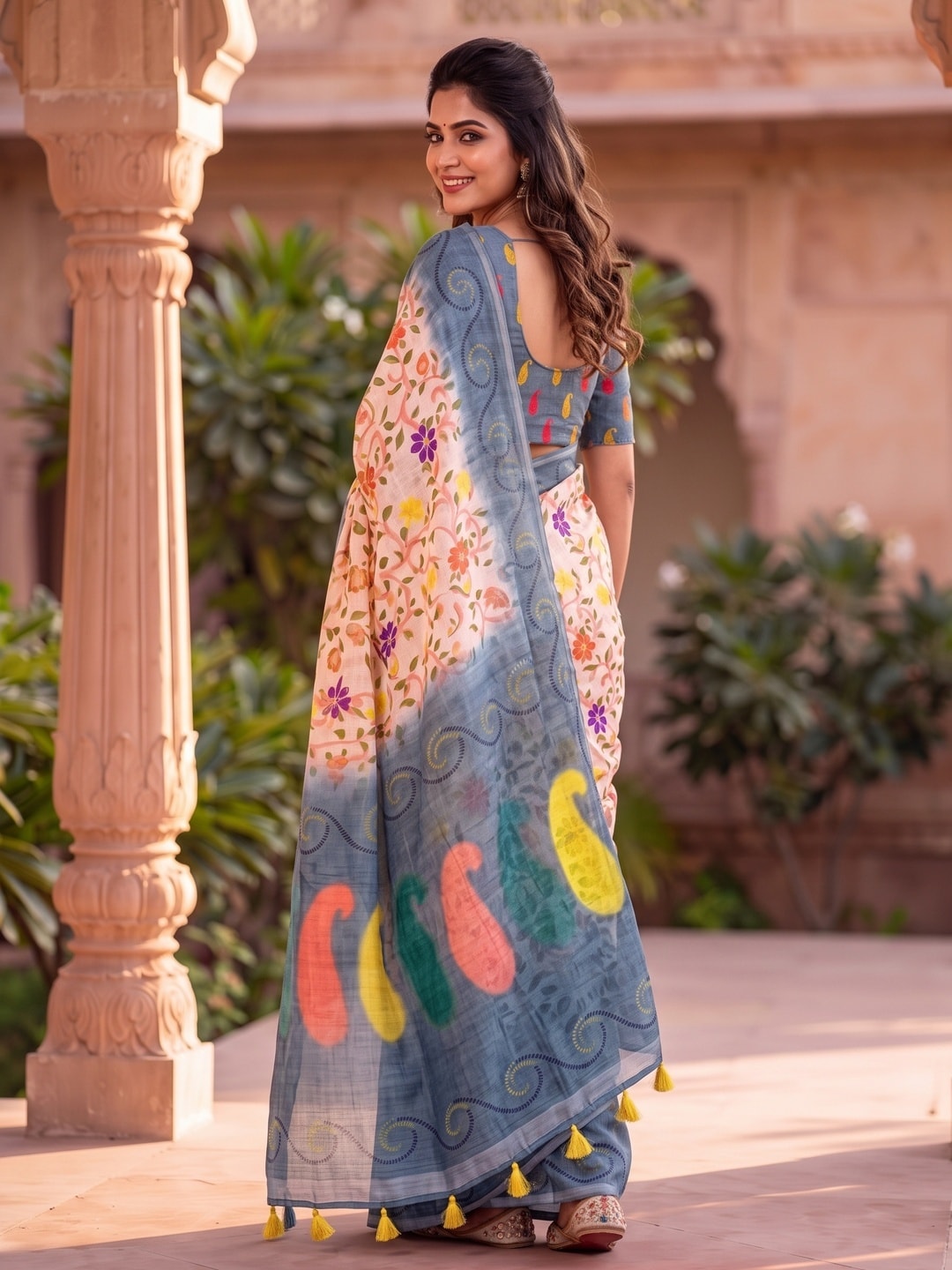 Peachmode Grey Digital Kalamkari Print Linen Cotton Saree With Tassels - Image 2