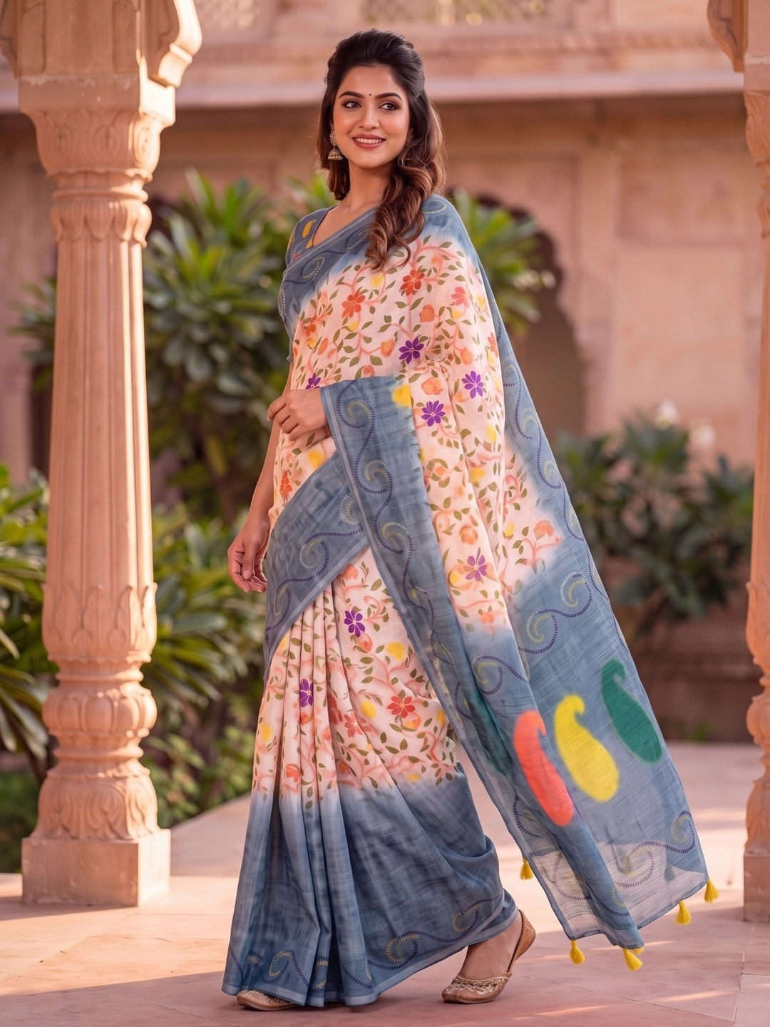 Peachmode Grey Digital Kalamkari Print Linen Cotton Saree With Tassels - Image 3