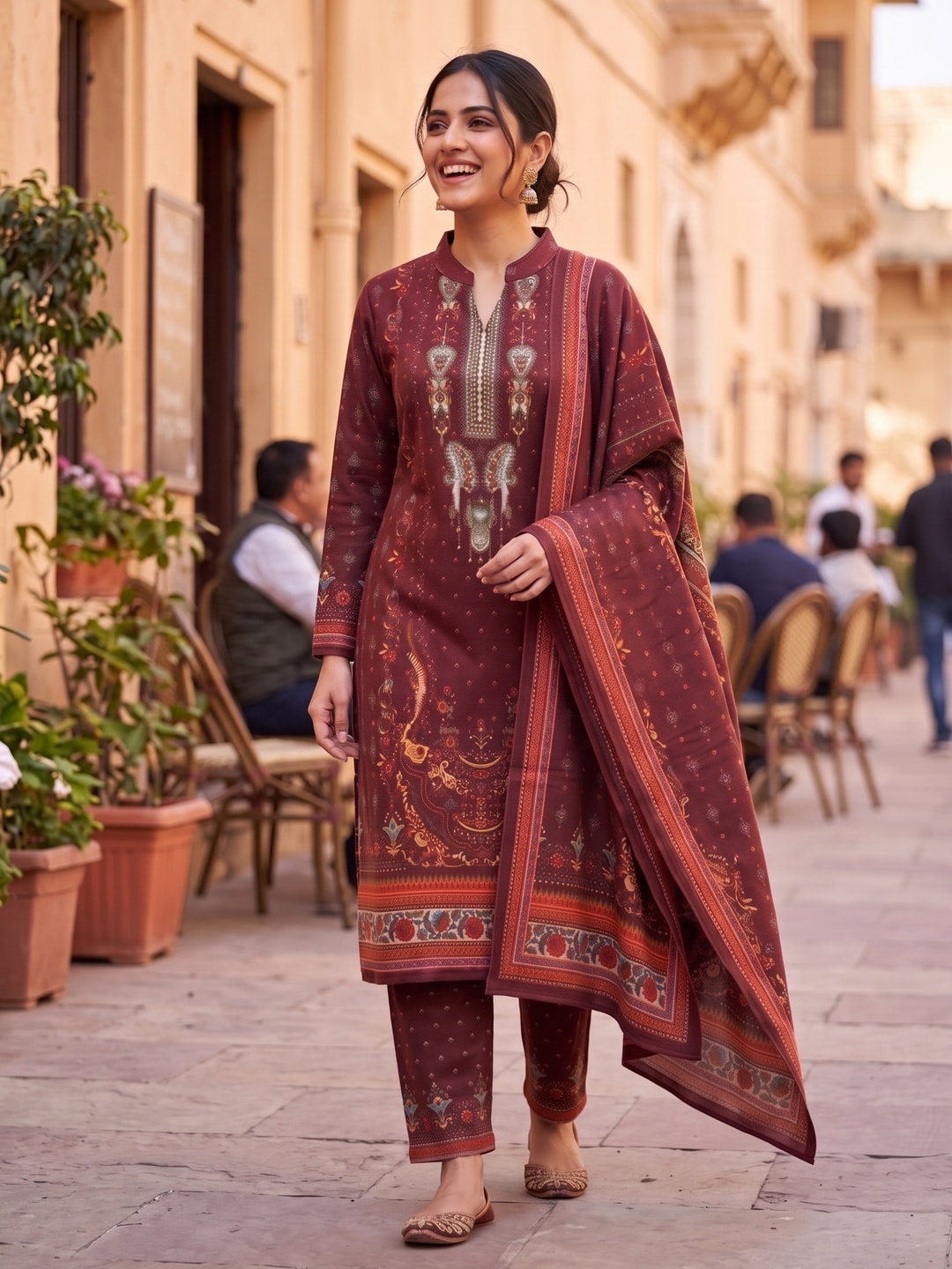Peachmode Maroon Printed Woolen Salwar Suit With Stole - Image 2