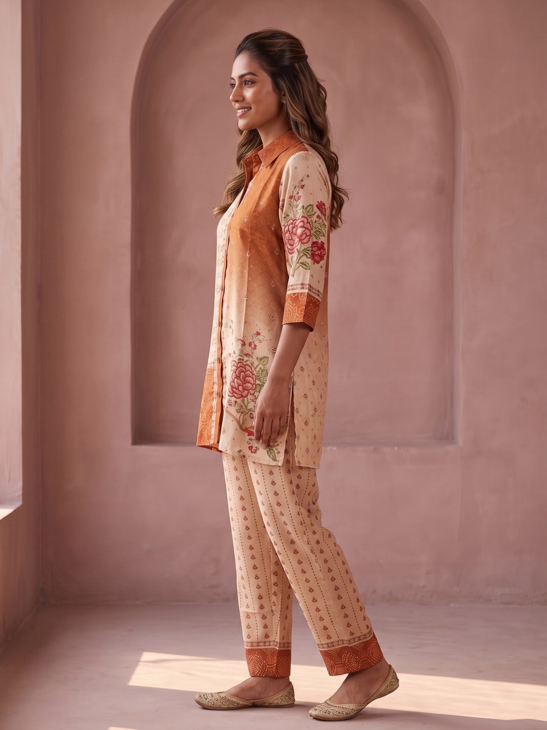 Peachmode Beige Lenzing Silk Printed Co-ord Set - Image 3
