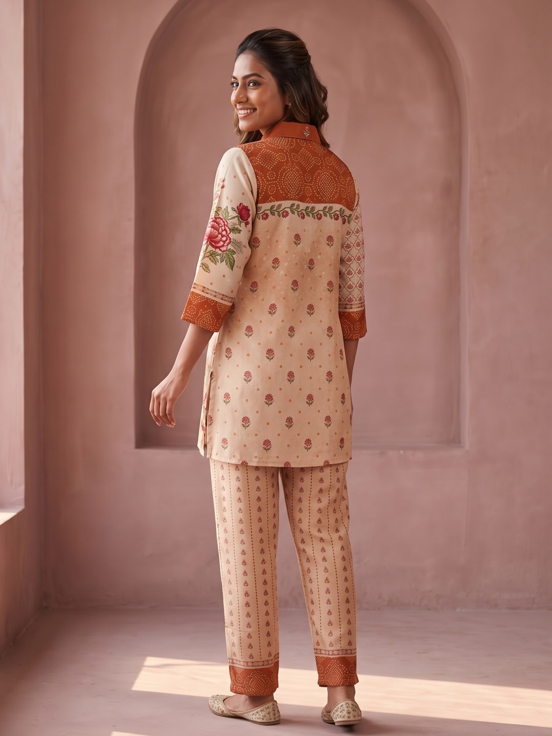 Peachmode Beige Lenzing Silk Printed Co-ord Set - Image 4