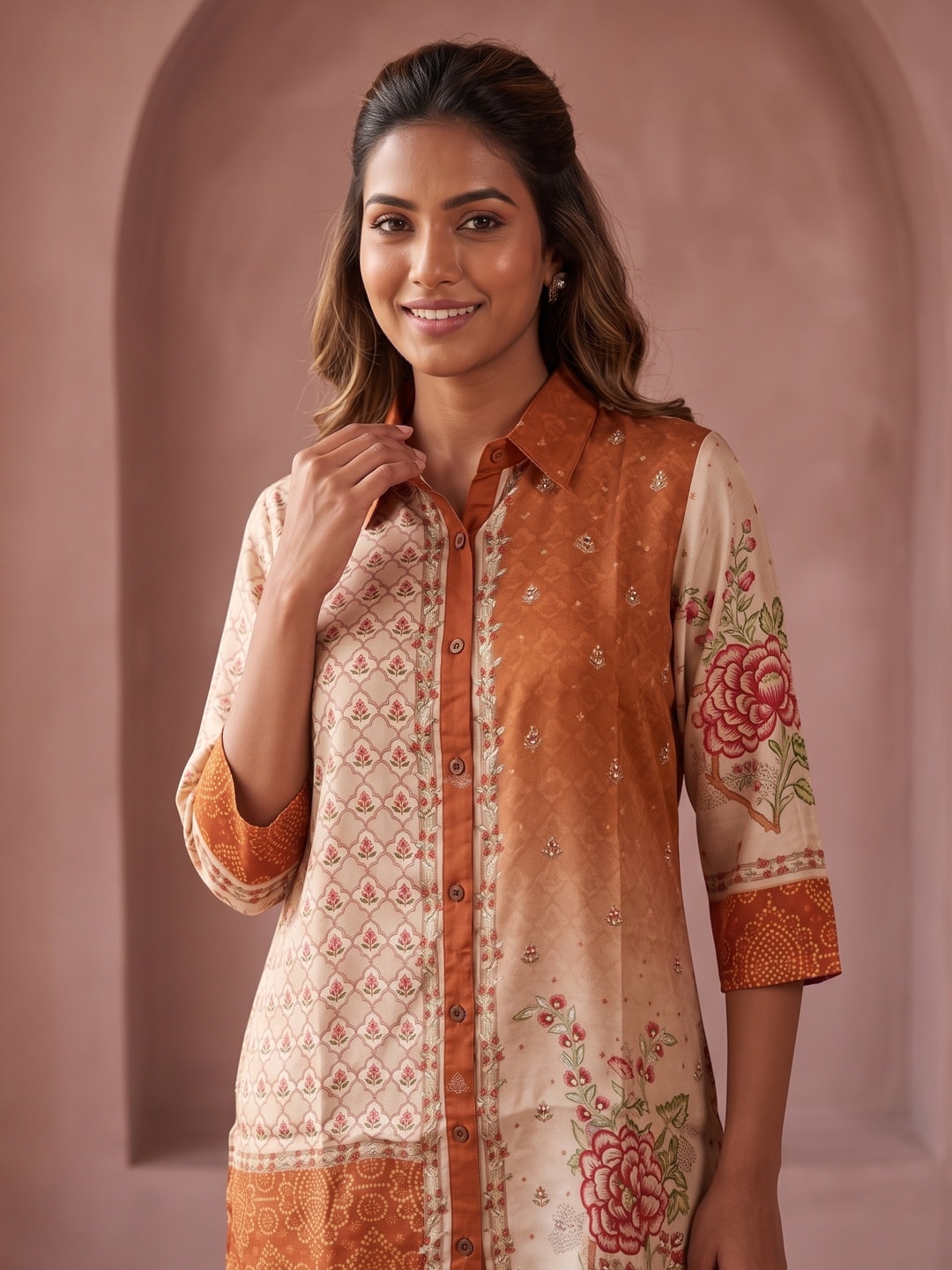 Peachmode Beige Lenzing Silk Printed Co-ord Set - Image 5